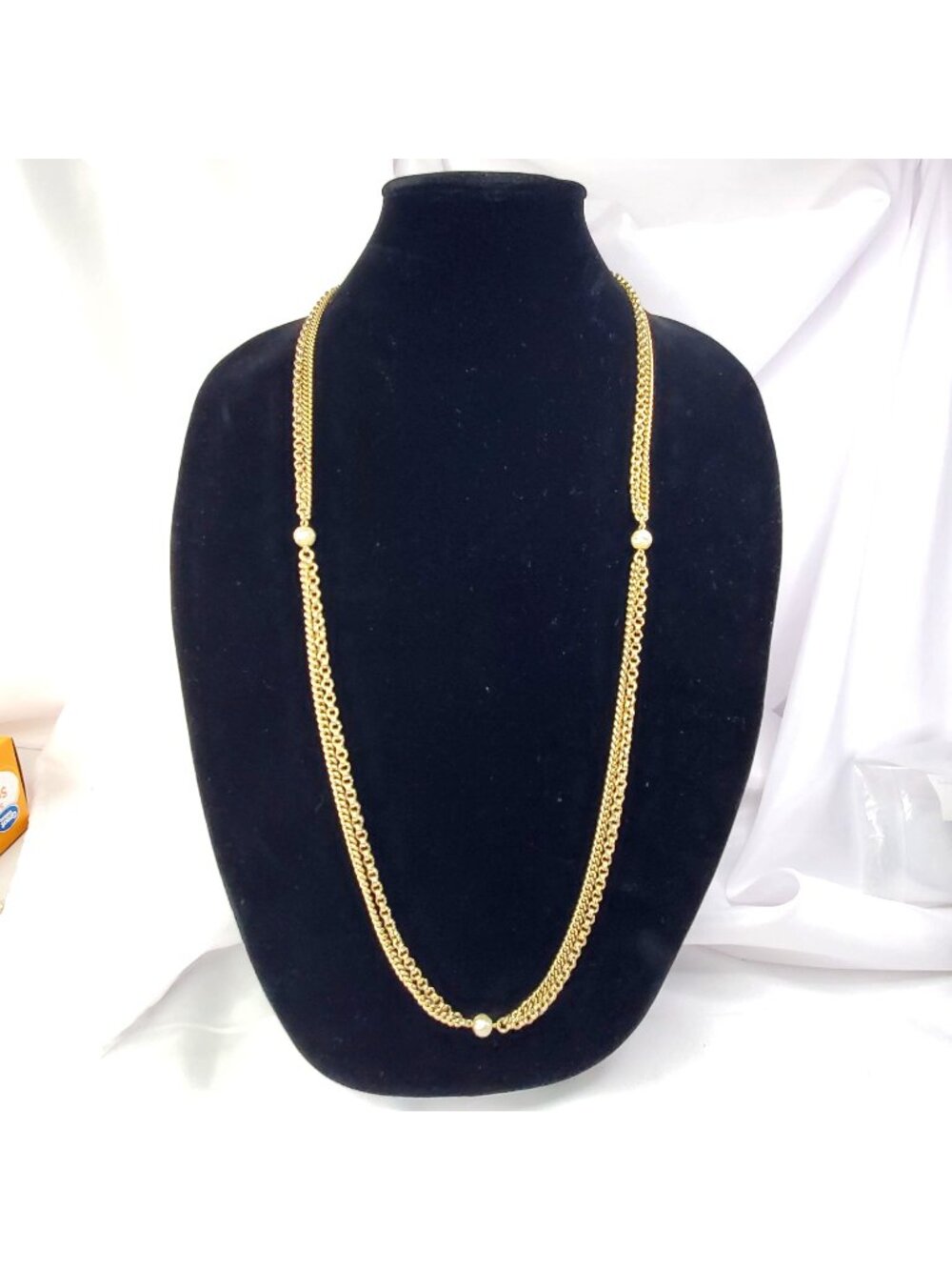 VTG Gold-Tone Double Chain Necklace With Faux Pearl Accents 36 Inches Long